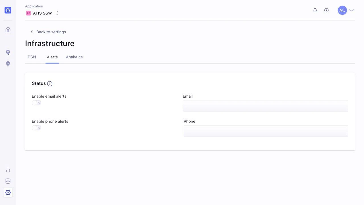 Screenshot of the 'Infrastructure' settings with the 'Alerts' tab active, showing email and phone alert toggles and input fields.