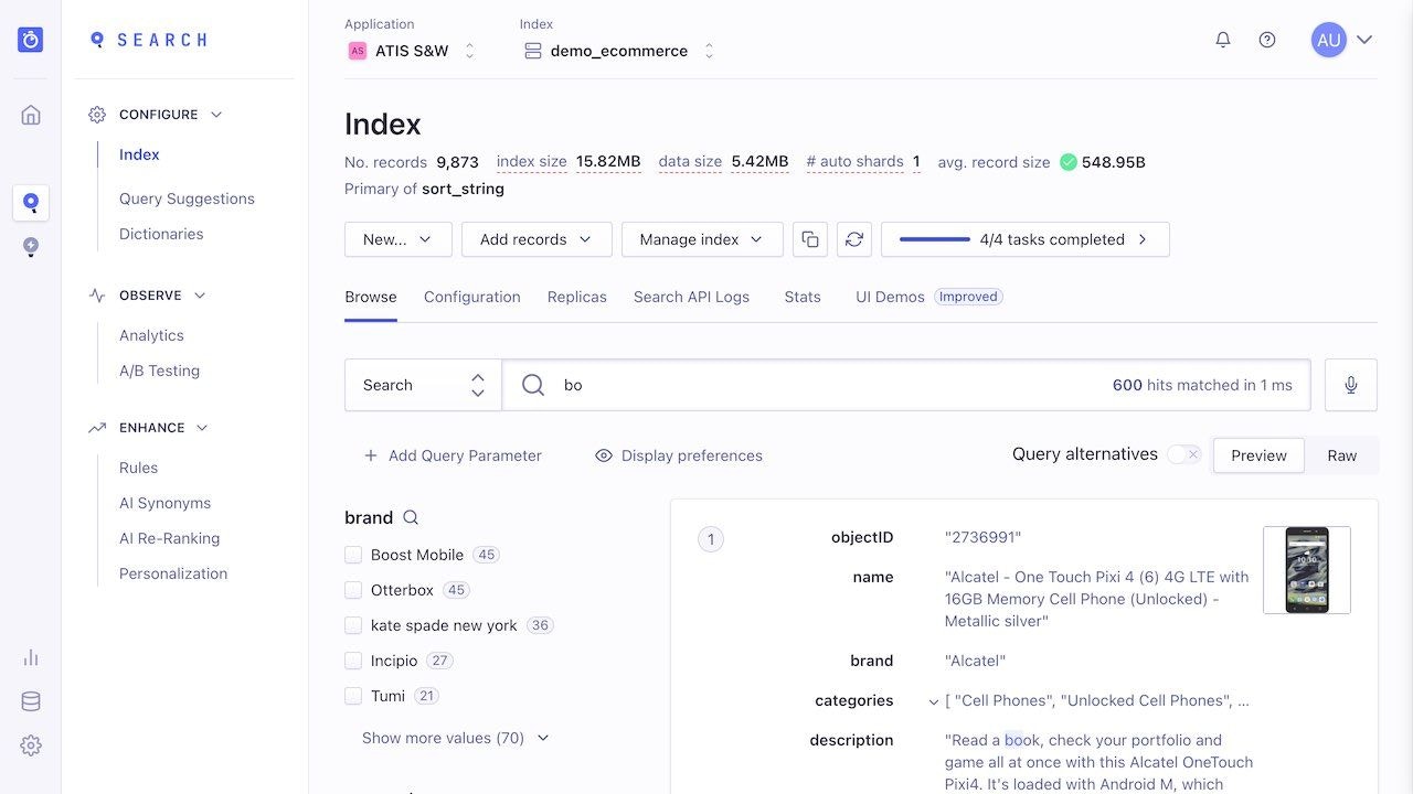 Screenshot of the 'Index' page in Algolia, showing search results for 'bo' with 600 hits and fields like 'name', 'brand', and 'description'.