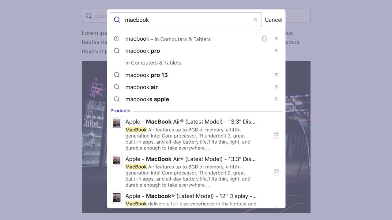 Screenshot of a detached autocomplete drop-down menu showing 'laptop' search suggestions and product results.