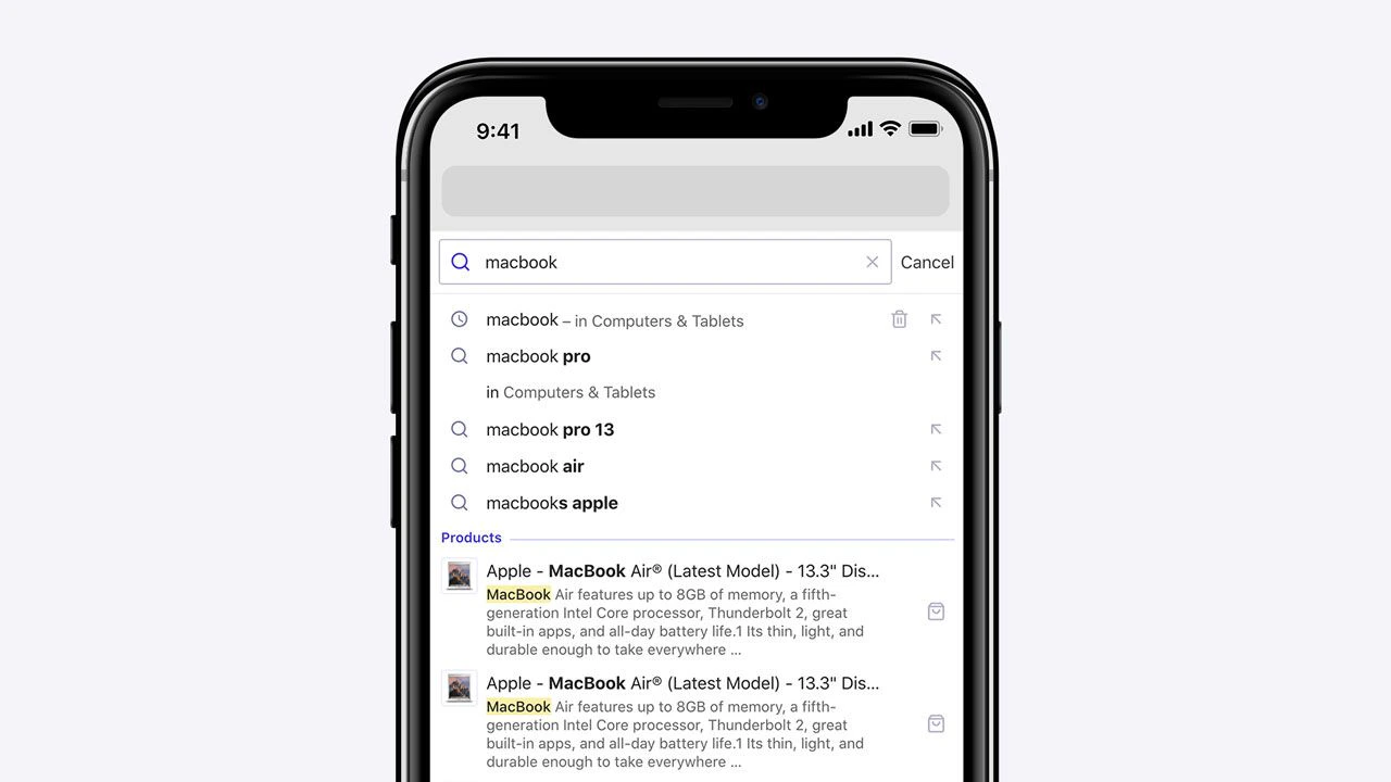 Screenshot of a mobile search interface showing 'laptop' autocomplete suggestions and product results.