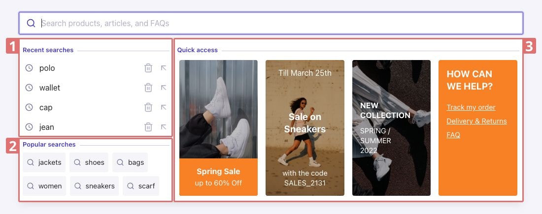 Screenshot of a search interface with an empty query, showing recent searches, popular tags, and promotional banners.