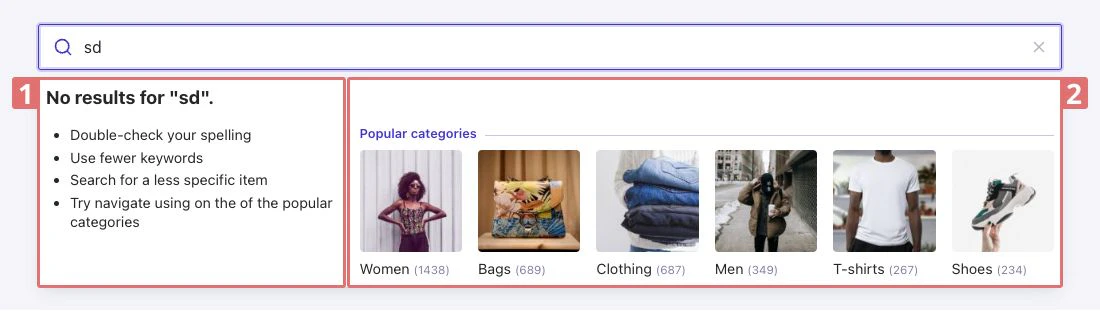 Screenshot of a search interface showing 'No results for 'sd'' and a 'Popular categories' section with images and labels.