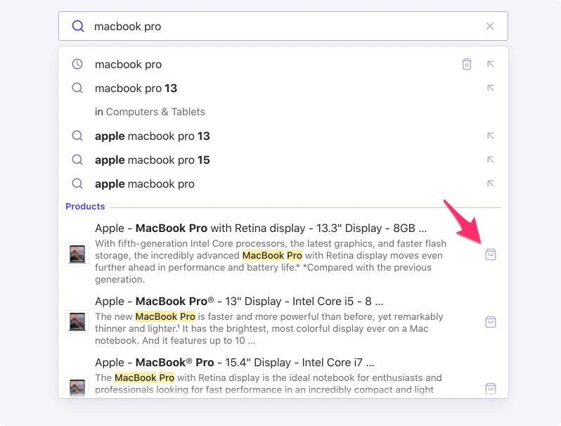 Screenshot of a search autocomplete drop-down menu showing laptop queries and product results with a red arrow pointing to a shopping bag icon.
