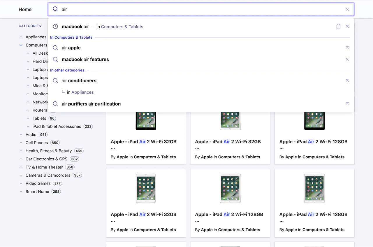 Screenshot of a search interface with 'air' entered, showing autocomplete suggestions and iPad Air product results.