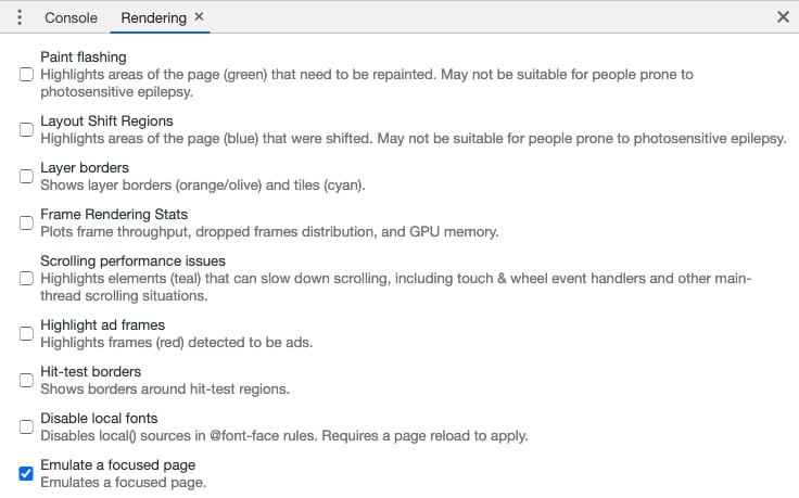 Screenshot of the 'Rendering' tab in Chrome DevTools with 'Emulate a focused page' checked.