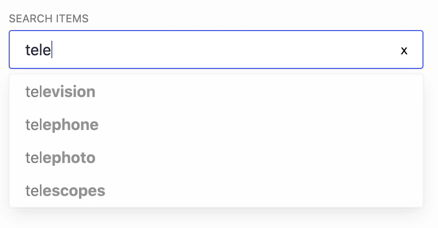 Screenshot of a search input with a partial query typed, showing suggestions like television, telephone, telephoto, and telescopes.