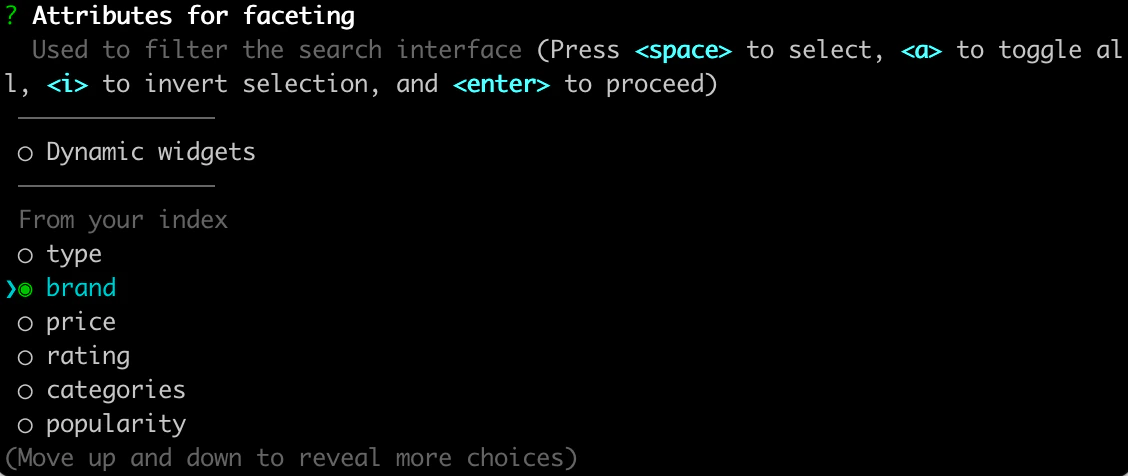 Screenshot of a terminal interface showing 'Attributes for faceting' with 'brand' selected from a list including 'type', 'price', 'rating', 'categories', and 'popularity'.
