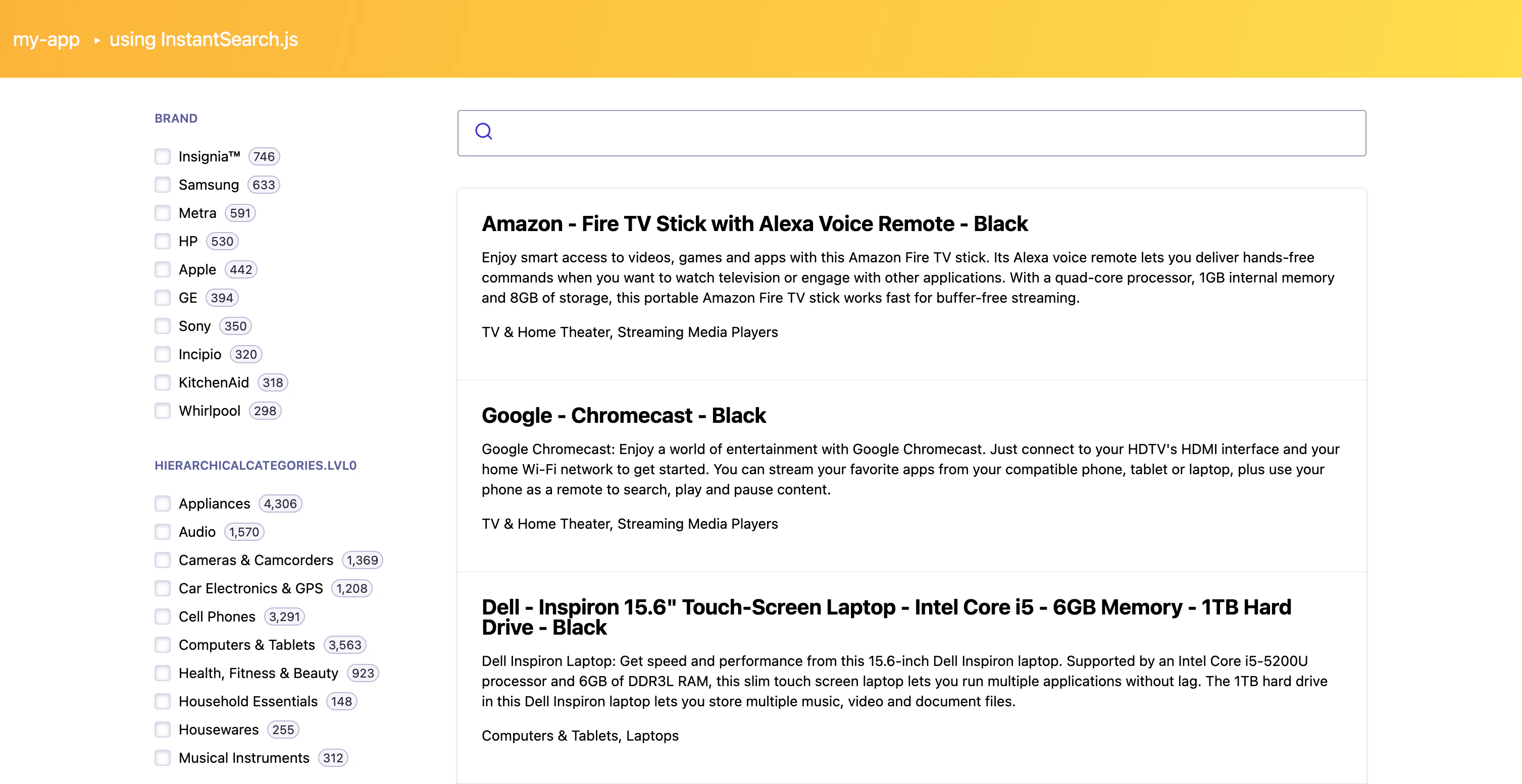 Screenshot of a search interface with a search box, brand filters, and product results including streaming device listings.