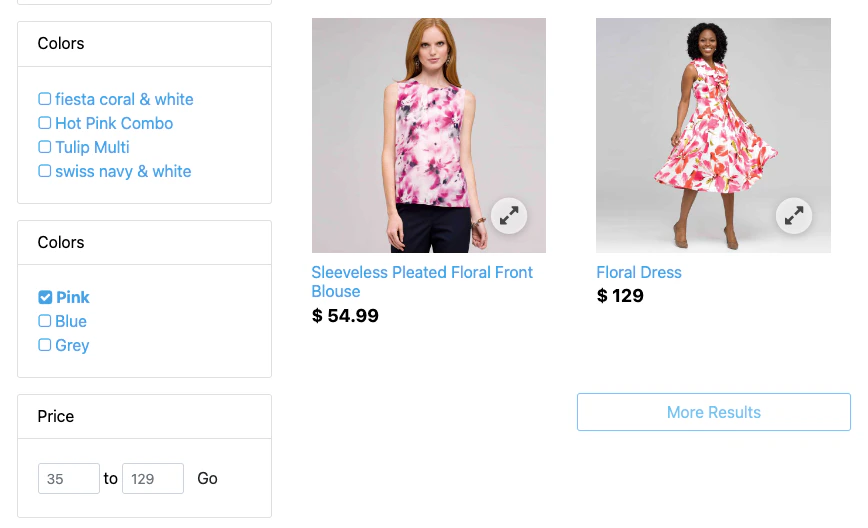 Screenshot of a storefront with a 'Colors' filter showing 'Pink' selected, product images, and a price range set to 35 to 129.