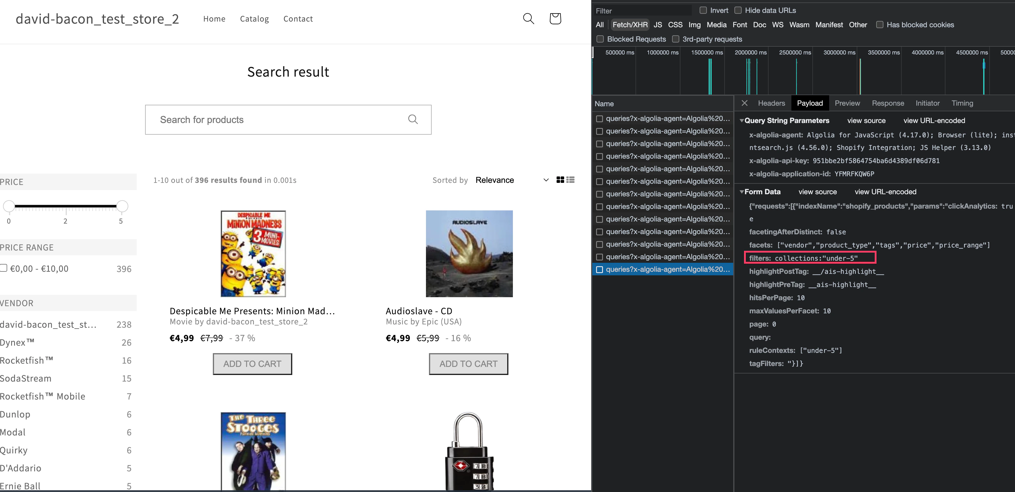 Screenshot of a search results page with 'filters: collections:under-5' highlighted in the developer tools payload.