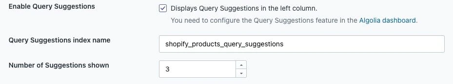 The Query Suggestions options in the Autocomplete configuration screen in the Shopify admin
