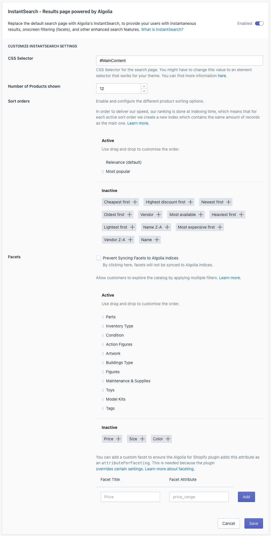 InstantSearch configuration screen in the Shopify admin