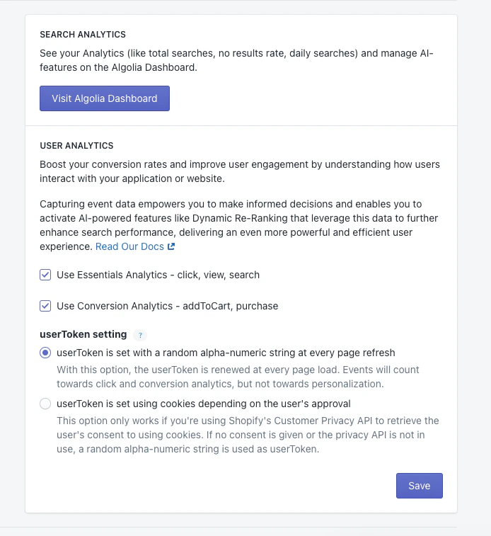 Screenshot of the 'Send events' section with analytics options and a 'Save' button.