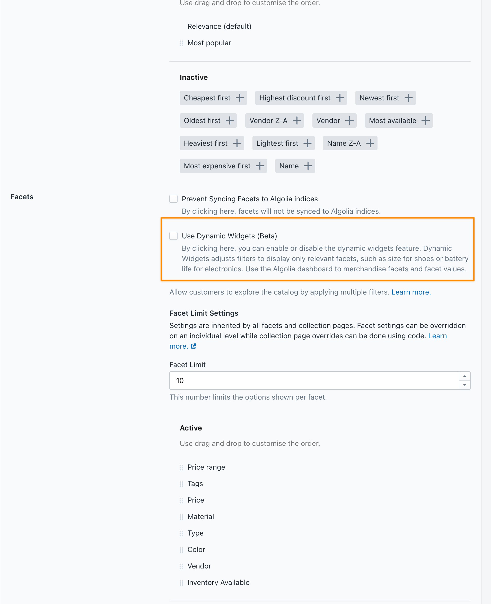 Screenshot of a checkbox labeled 'Use Dynamic Widgets (Beta)' in the Shopify admin, which enables or disables dynamic widgets for facets.