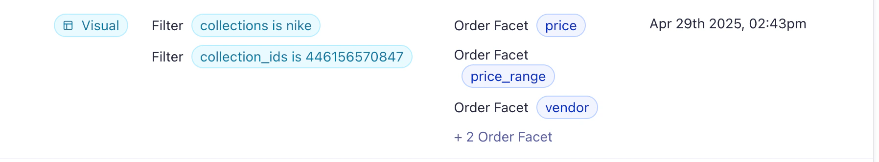 Screenshot of facet display rules showing filters for 'collections is Nike' and 'collection IDs is 446156570847', with order facets for 'price', 'price range', and 'vendor'.
