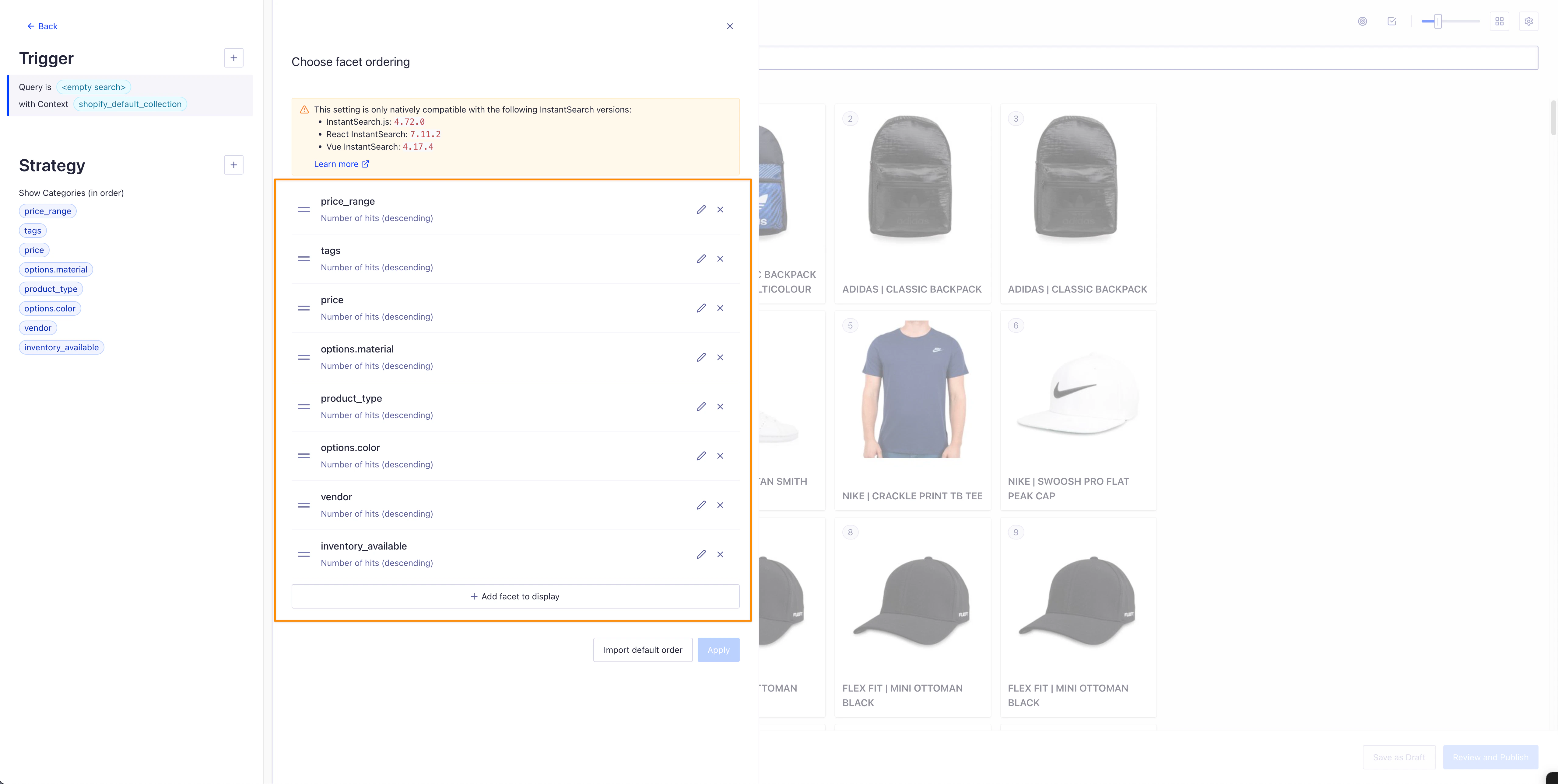 Screenshot of the 'Choose facet ordering' panel with facets like 'price range' and 'tags' sorted by 'Number of hits (descending)'.