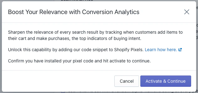 Screenshot of a dialog box titled 'Boost Your Relevance with Conversion Analytics' with a blue 'Activate and Continue' button.