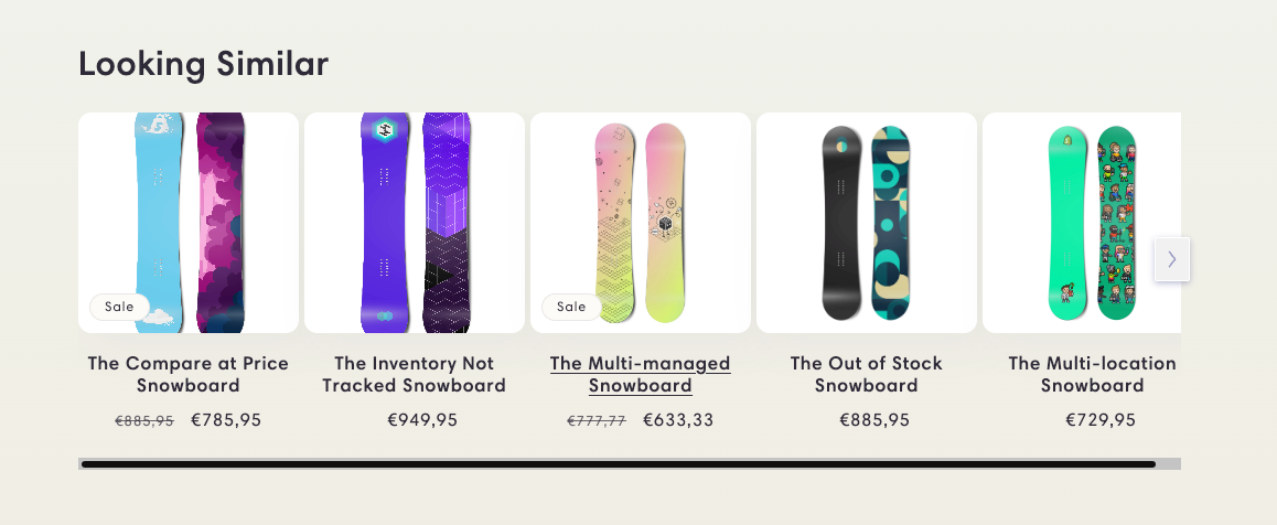 Screenshot of a 'Looking Similar' section displaying five snowboard products with titles, prices, and 'Sale' badges.