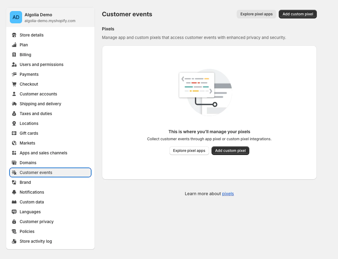 Screenshot of the 'Customer events' page in Shopify, showing the 'Add custom pixel' button and a graphic illustrating pixel management.