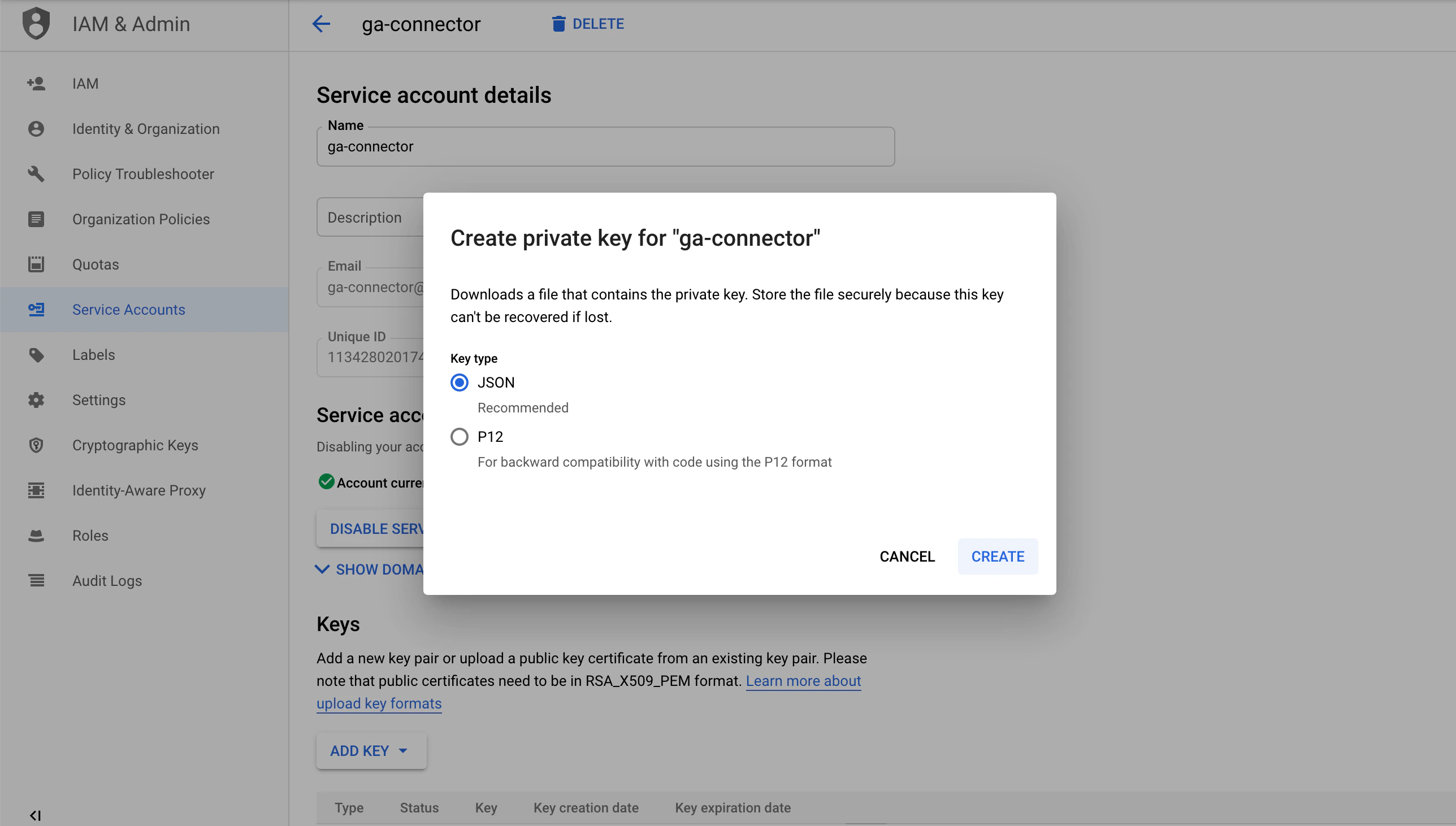 Create a private key file for the Google Analytics connector