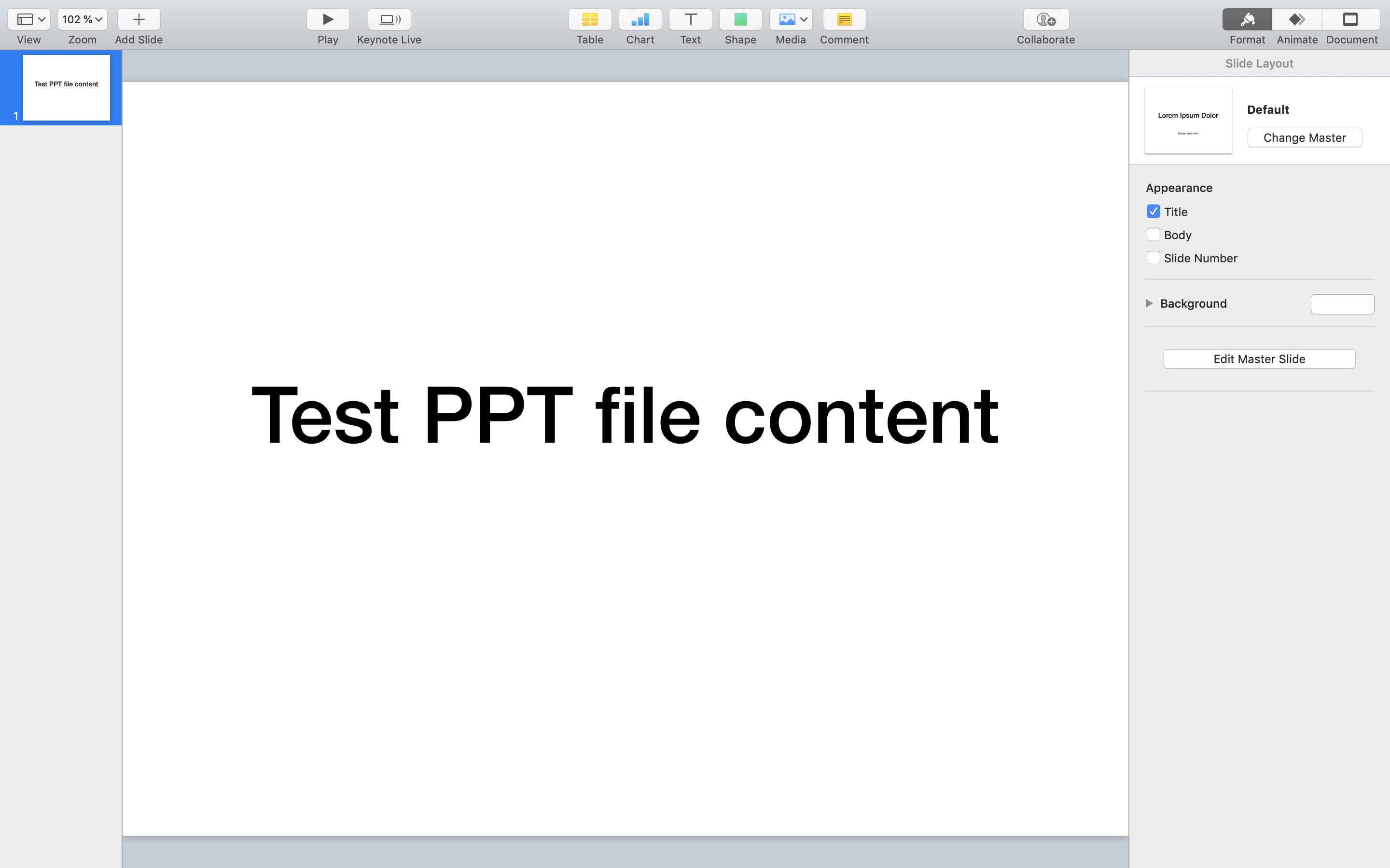 A Microsoft PowerPoint slide with the text: Test PPT file content