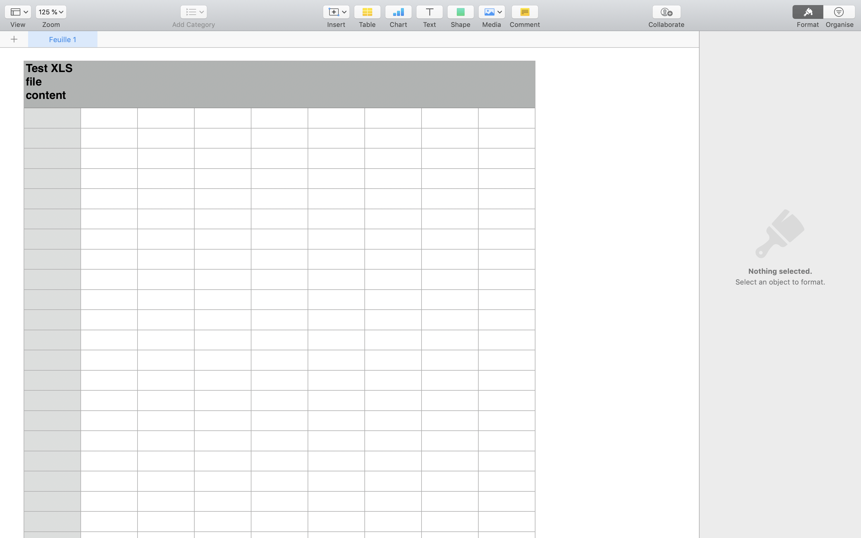 A Microsoft Excel spreadsheet with the text: Test XML file content