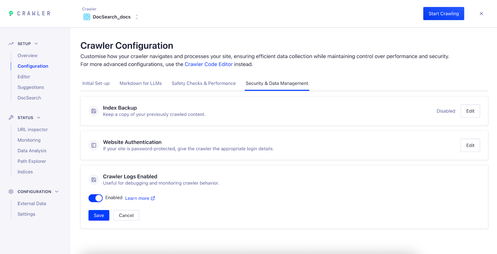 Screenshot of a 'Crawler Configuration' page showing the 'Crawler Logs Enabled' toggle set to 'Enabled' with 'Save' and 'Cancel' buttons below.