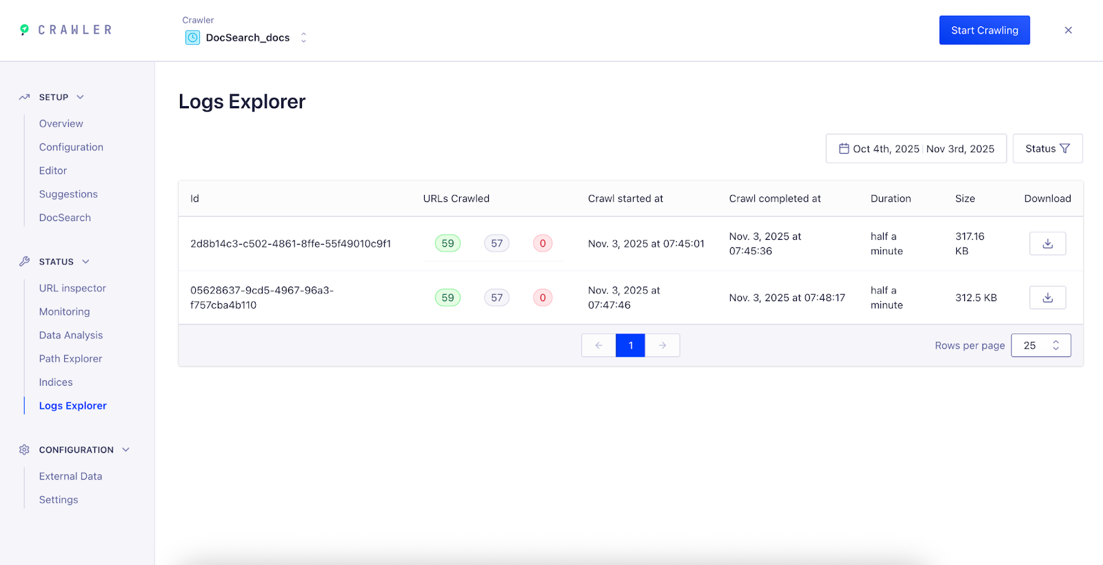 Screenshot of the 'Logs Explorer' table with crawler logs, showing ID, URLs crawled, timestamps, duration, size, and download buttons.