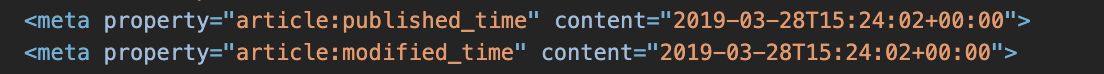Screenshot of code showing two meta tags with 'article:published_time' and 'article:modified_time' values.