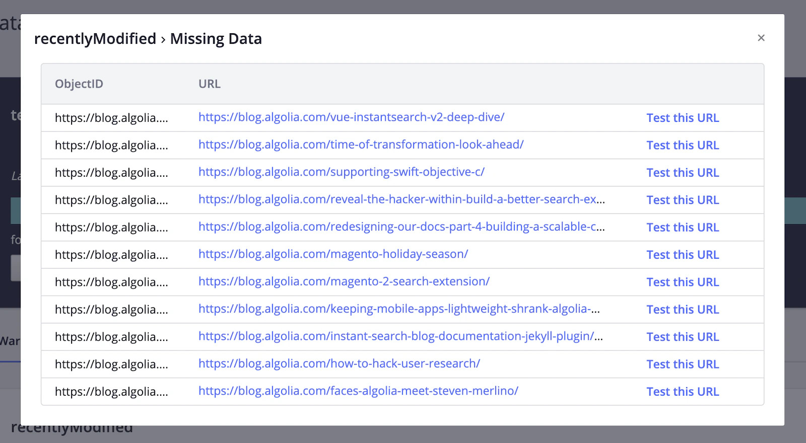 Screenshot of a 'Missing Data' modal showing a table with 'ObjectID' and 'URL' columns, listing blog URLs and a 'Test this URL' link for each.