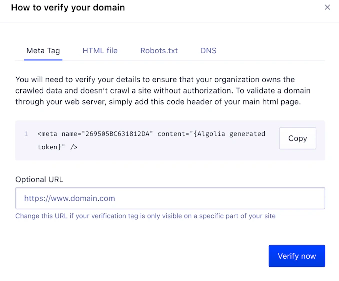Screenshot of the 'Create new crawlers' page, 'Meta Tag' section, showing a code snippet, optional URL field, and 'Verify now' button.
