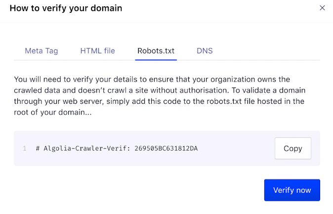 Screenshot of the 'robots.txt' tab showing a verification code and a 'Verify now' button.