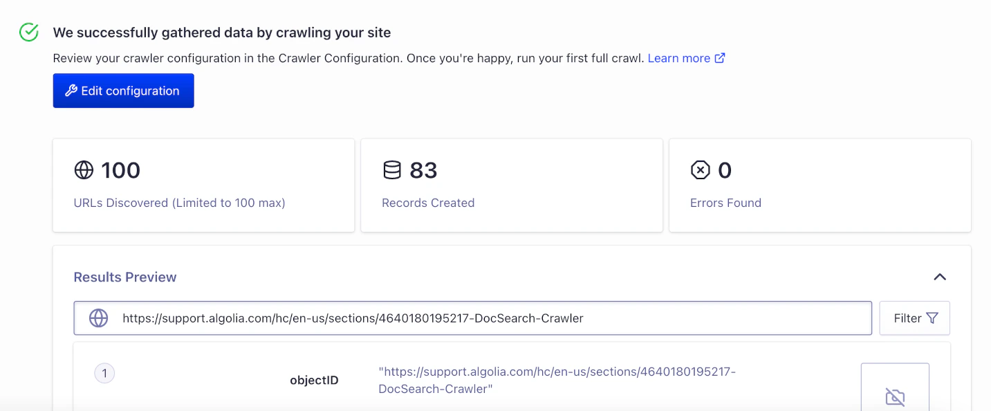 Screenshot of a successful crawl result showing 100 URLs discovered, 83 records created, and 0 errors found.