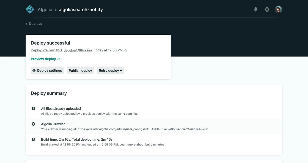 Screenshot of a Netlify deploy page showing a 'Deploy successful' notification and summary with build time and crawler details.