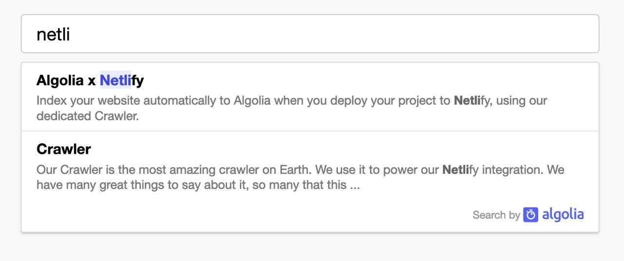 Screenshot of a search result for a partial query showing 'Algolia x Netlify' and 'Crawler' entries with 'Search by Algolia' at the bottom right.