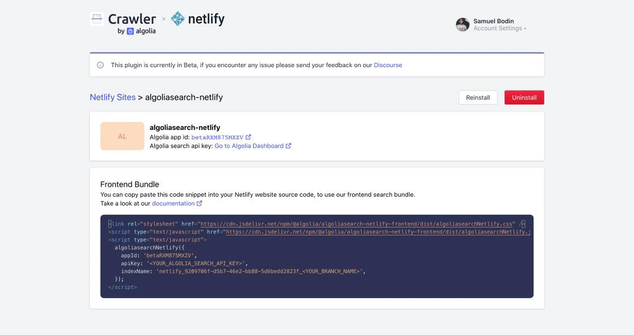 Screenshot of the 'Algolia for Netlify' page showing the 'Netlify Sites > algoliasearch-Netlify' section with an 'Uninstall' button and code snippet.