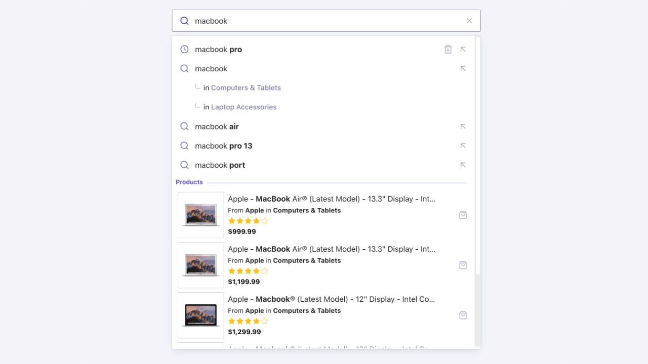 Screenshot of a search box with 'laptop' entered, showing autocomplete suggestions and product listings for Apple MacBooks.