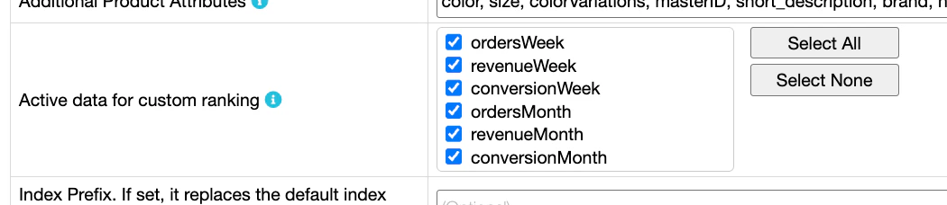 Screenshot of the "Active data for custom ranking" site preference with six checked checkboxes and "Select All" and "Select None" buttons.