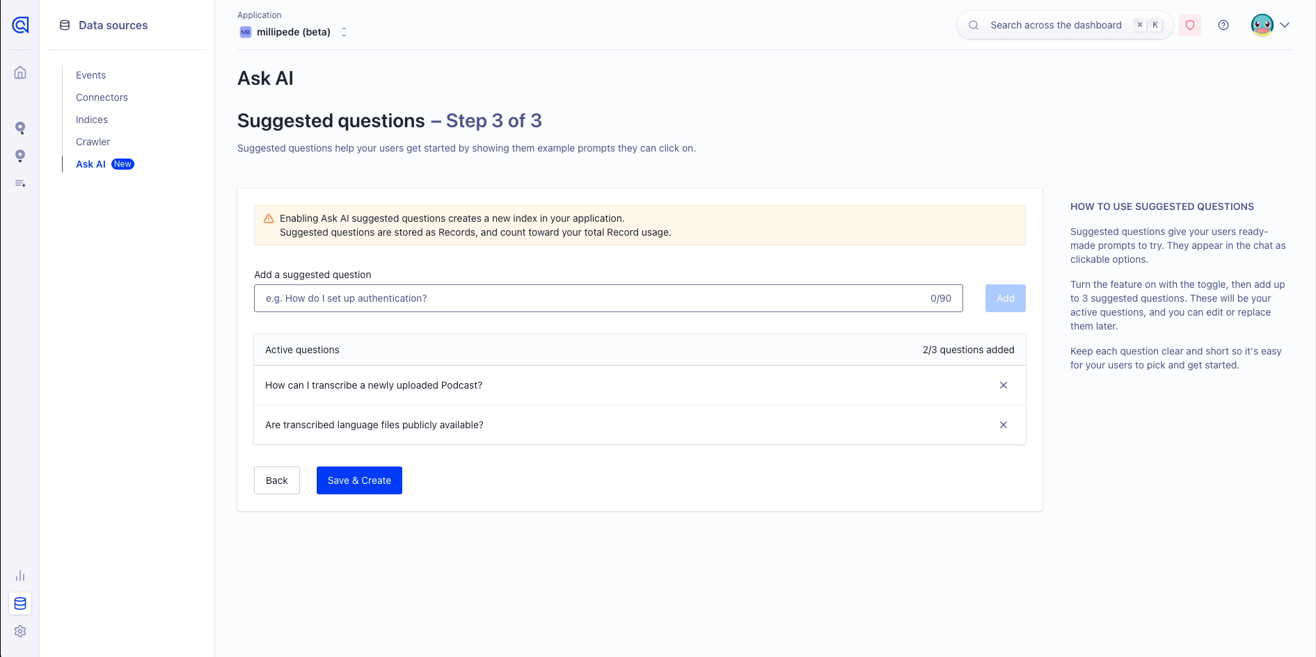 Screenshot of the suggested questions setup during assistant creation