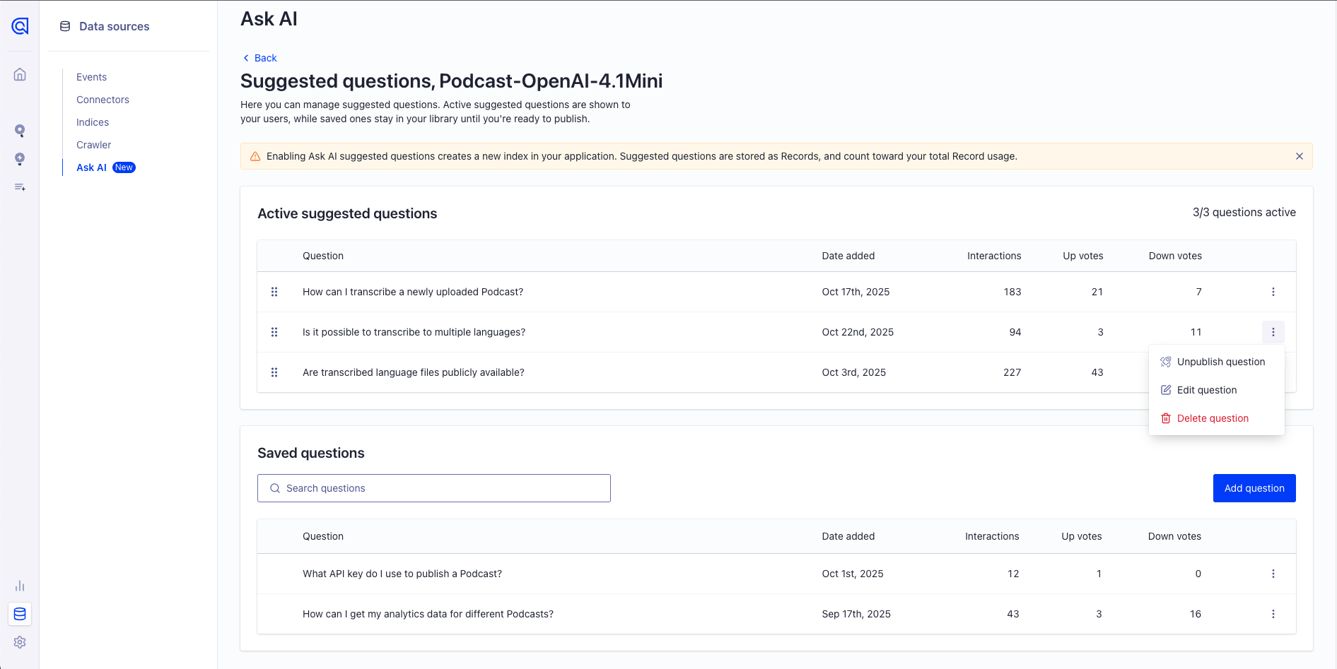 Screenshot of the suggested questions actions