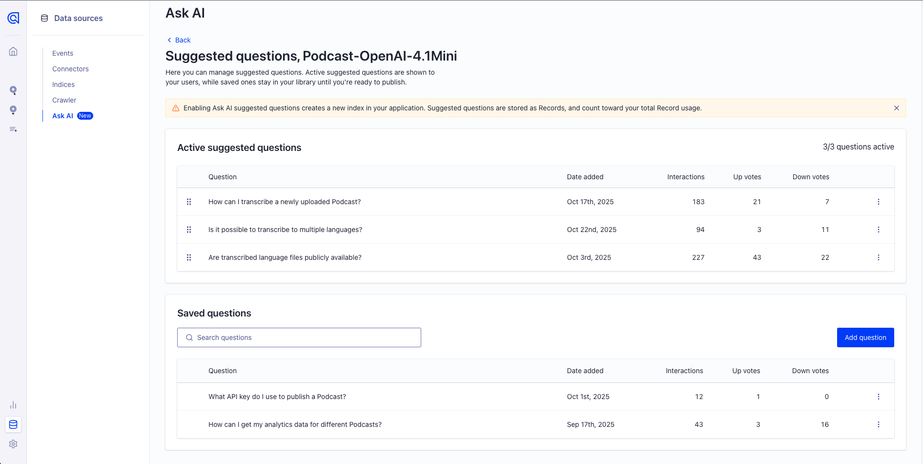 Screenshot of the suggested questions manager interface