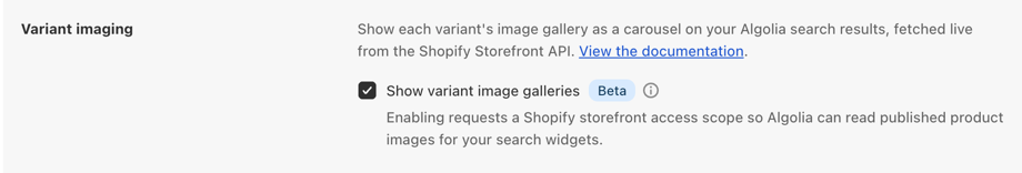 Screenshot of the "Variant imaging" setting with the "Show variant image galleries" checkbox selected, a "Beta" badge, and an info icon.
