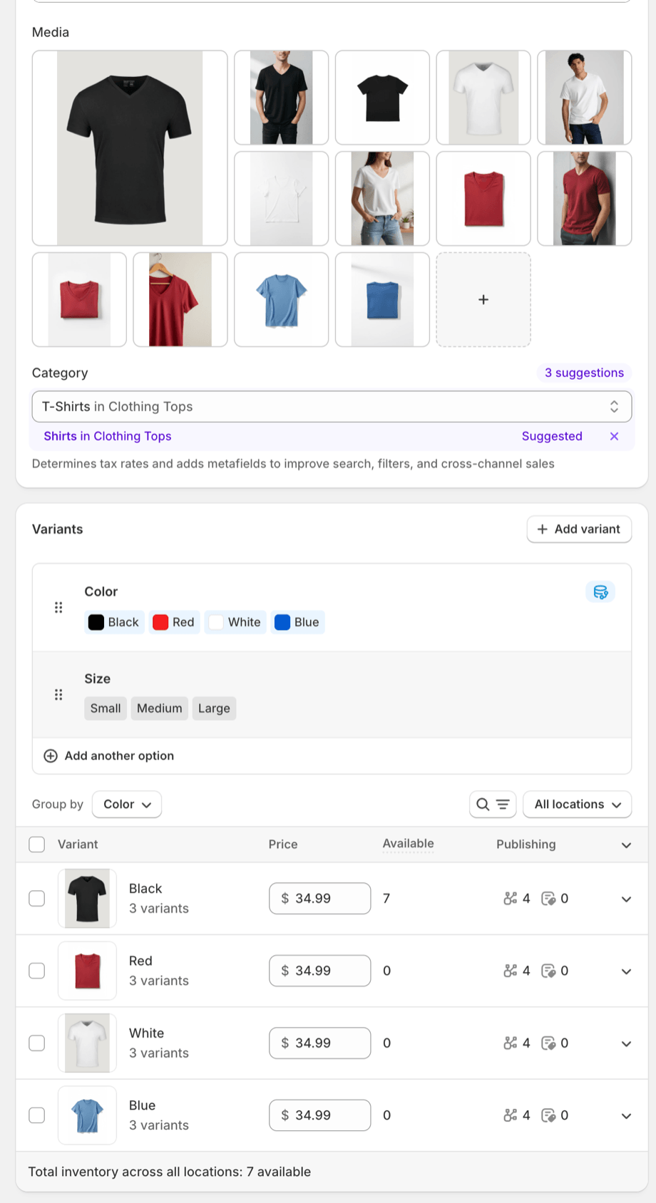 Screenshot of Shopify product images grouped by color, with color swatches and an assigned image for each variant.