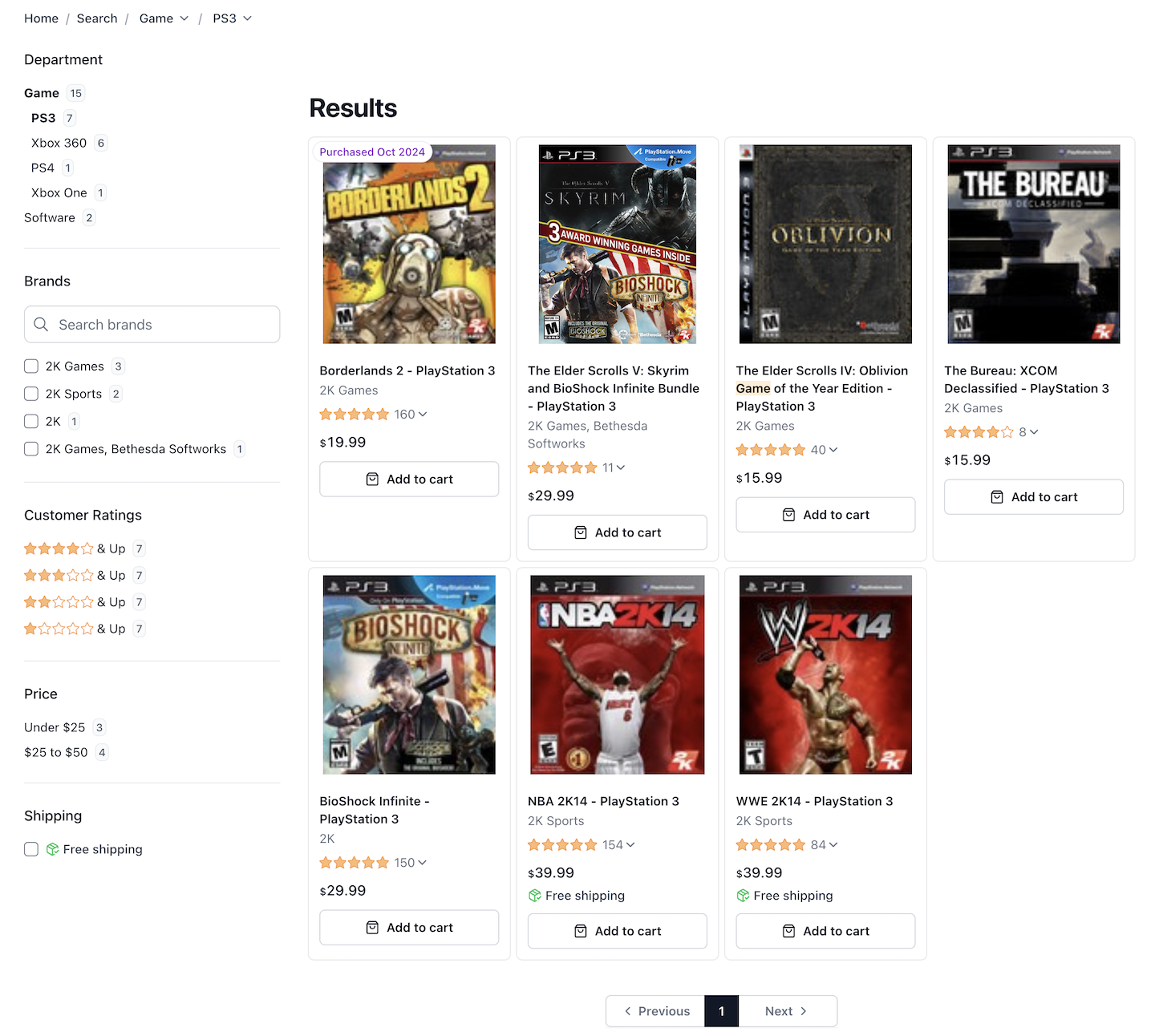 Storefront displaying labeled purchased items in search results