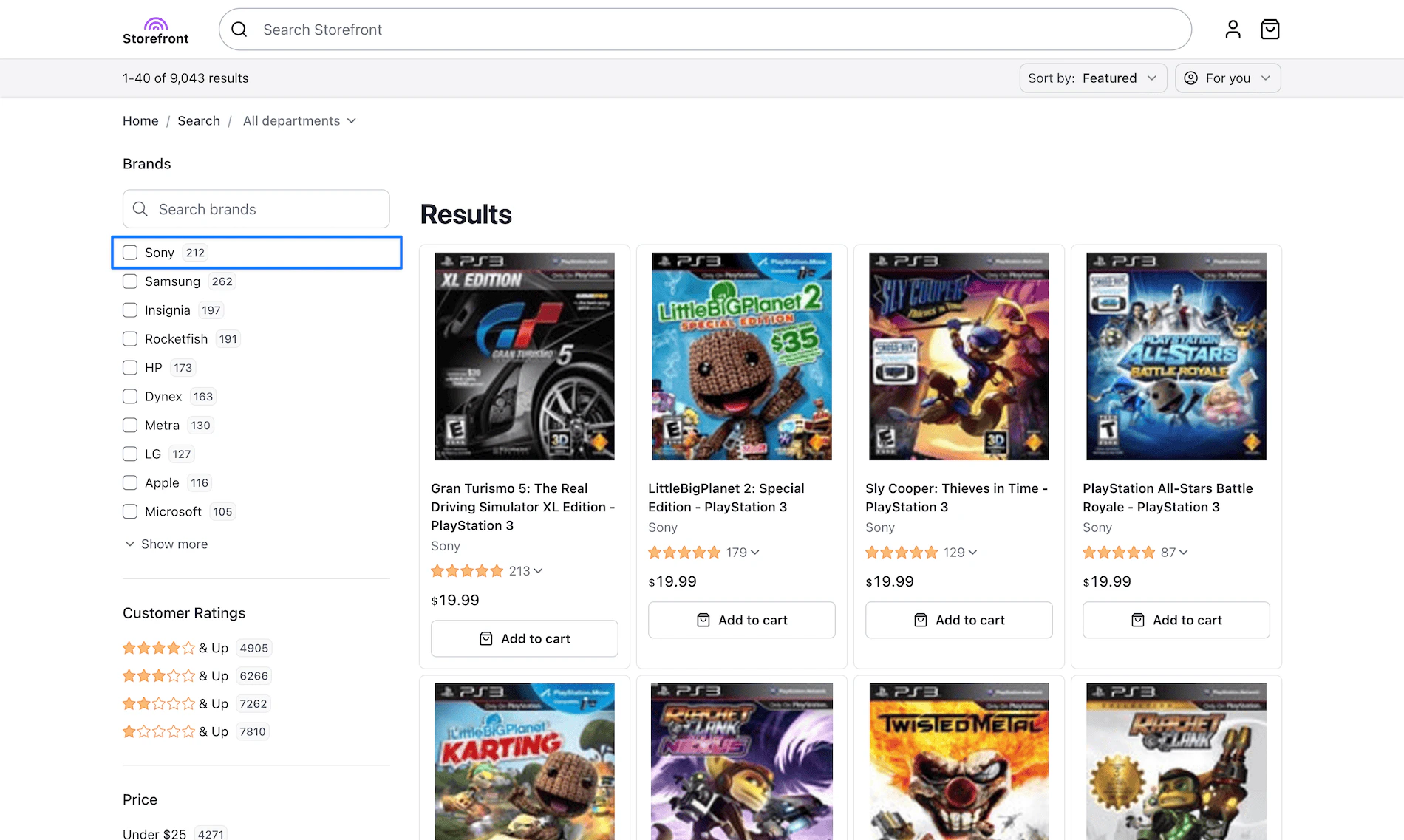 Storefront displaying personalized search facets through sorting
