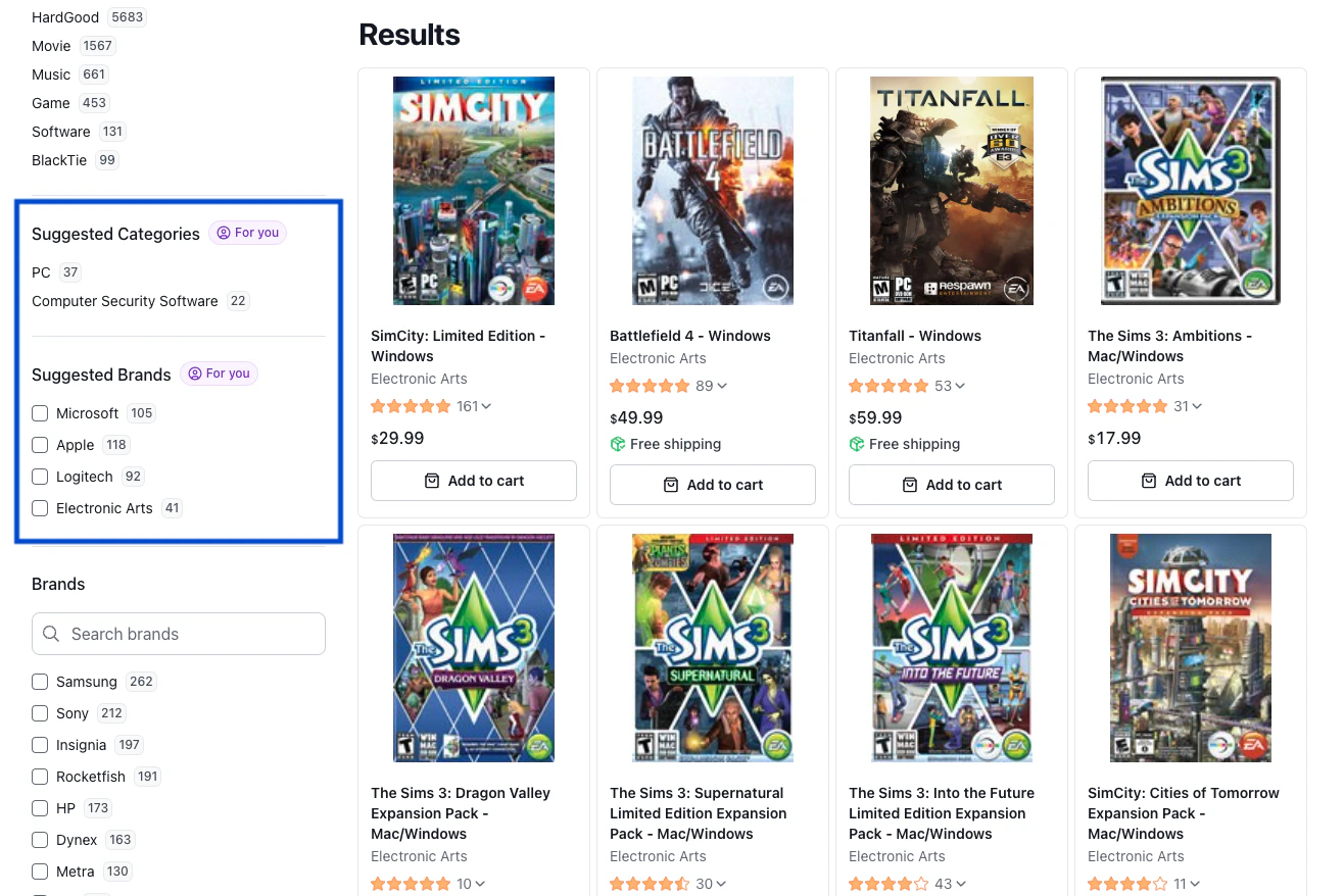Storefront displaying personalized search facets through filtering