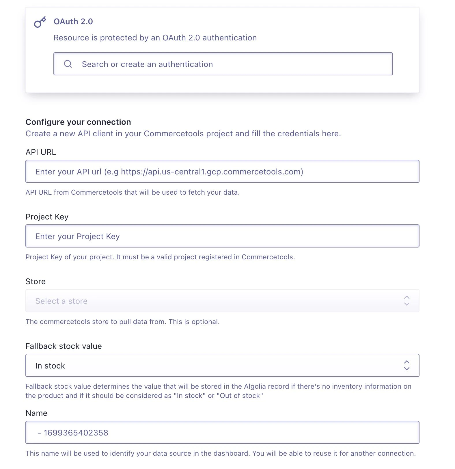 Screenshot of a form to configure a commercetools data source with fields for API URL, Project Key, Store, Fallback stock value, and Name.