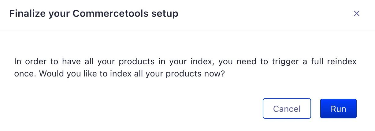 Screenshot of a dialog box asking to trigger a full reindex, with 'Cancel' and 'Run' buttons.