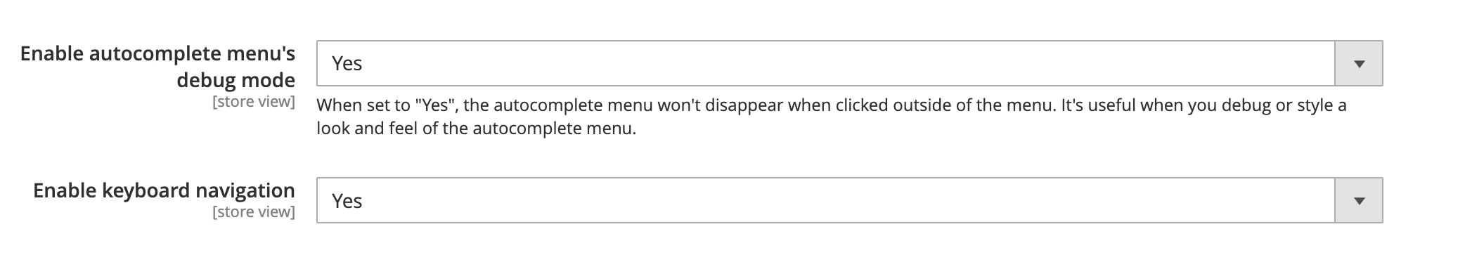 Screenshot of two drop-down menu: 'Enable autocomplete menu's debug mode' and 'Enable keyboard navigation', both set to 'Yes'.