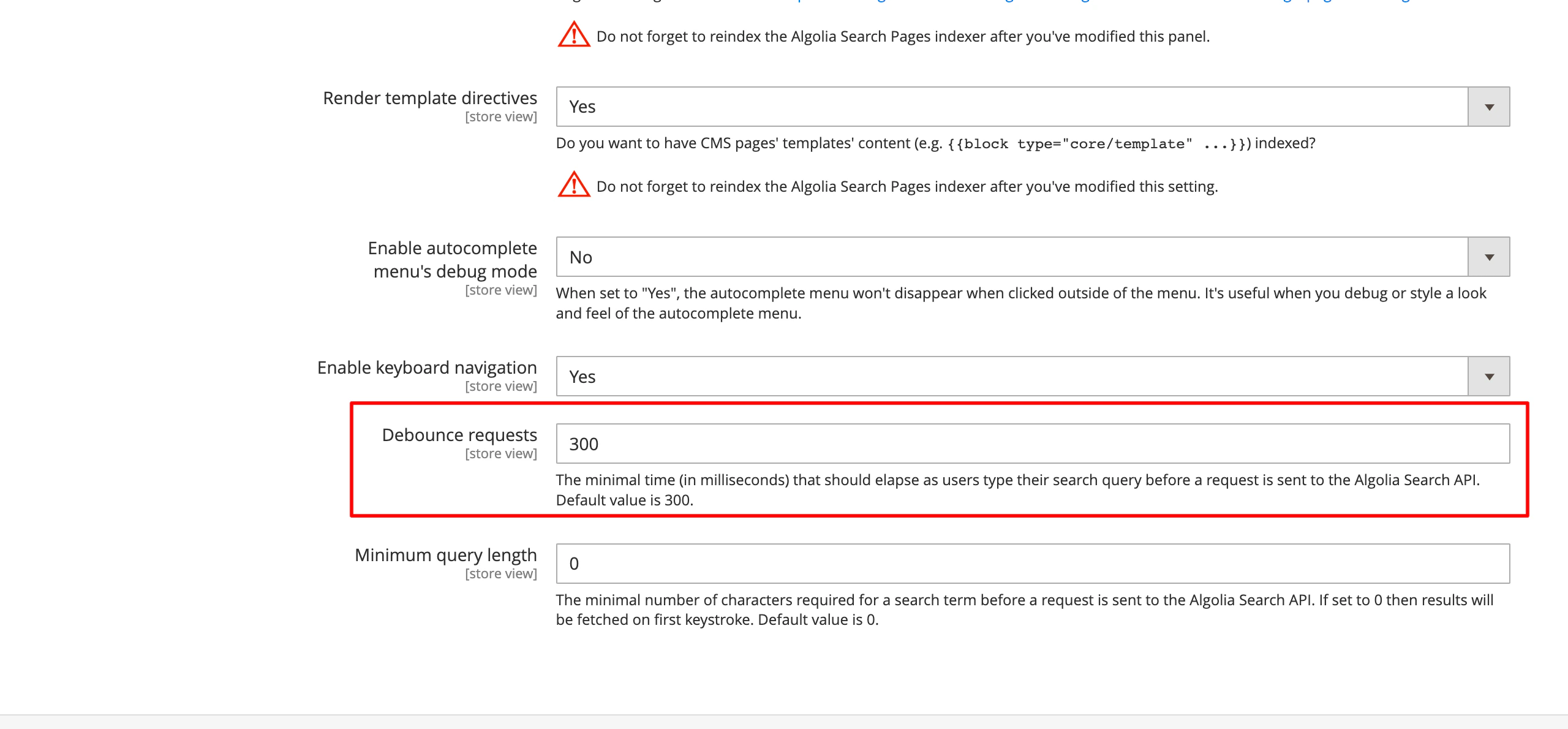 Screenshot of the 'Debounce requests' setting set to 300 milliseconds for the Algolia Search API.